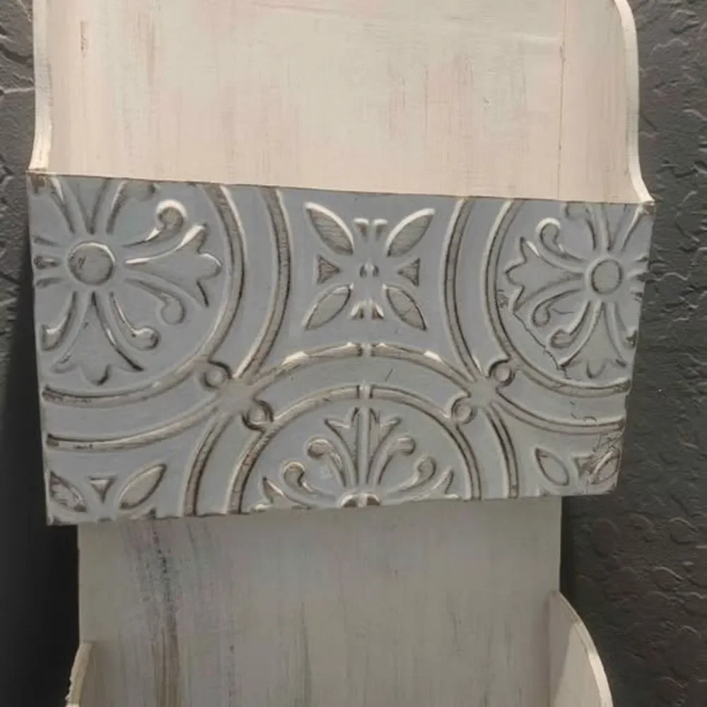Distressed White 2-Tier Wooden and Metal Wall Mail Organizer 26